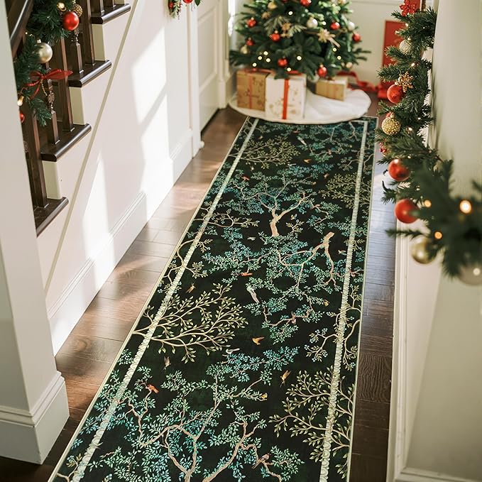 jinchan Yarden Moss Green Botanical Birds 3x10 Christmas Runner Rug for Hallway - Washable Non-Slip Soft Nature Plants Modern Runner Carpet,Vintage Low Pile Rug for Entryway Living Room Kitchen