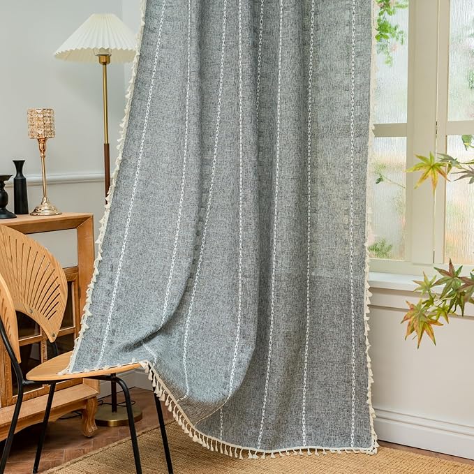 Deeprove Charcoal Grey Boho Curtain 72 inches Length for Living Room Bedroom Nursery, Bohemian 72 inches Long, Geometric Stripe Embroidery Privacy Window Tassel Decorative W52 x L72, 1 Panel