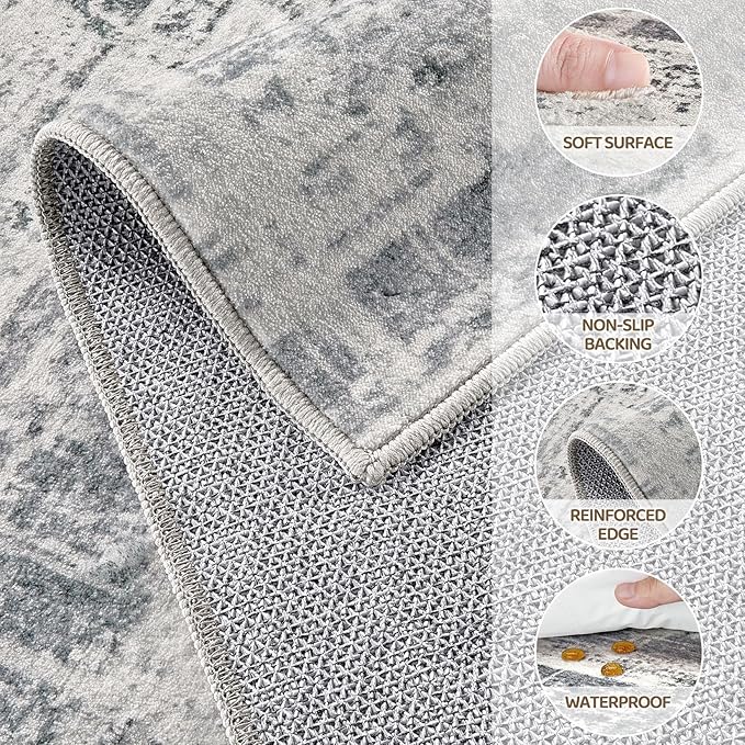 Area Rug for Living Room: 3x5 Washable Neutral Abstract Modern Soft Rugs Non Slip Indoor Floor Stain Resistant Carpet for Bedroom Dining Room Office Nursery - Gray