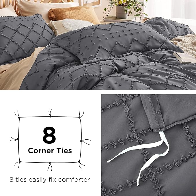 Bedsure Boho Duvet Cover Queen Size - Dark Grey Breathable & Soft Boho Bedding, Machine Washable Comforter Cover for All Seasons, Includes 1 Duvet Cover 90"x90" with 2 Pillow Shams & Zipper Closure