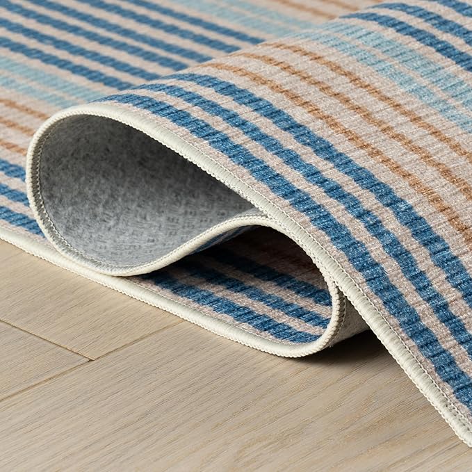 Dash & Albert Tyne Blue Machine Washable Rug, 8.5 X 11.5 Feet, Blue/Tan Stripe Pattern