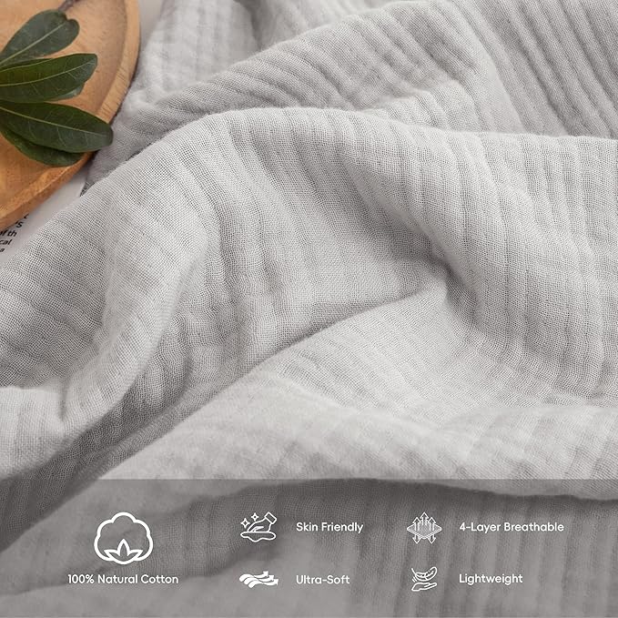 FOSSA Muslin Blanket with Fringe - 4-Layer 100% Cotton Gauze Super Soft & Breathable Throw -Lightweight Decorative Cooling Blanket for Bed, Sofa, Office -Throw XL Size 70" x 50" (Grayish)