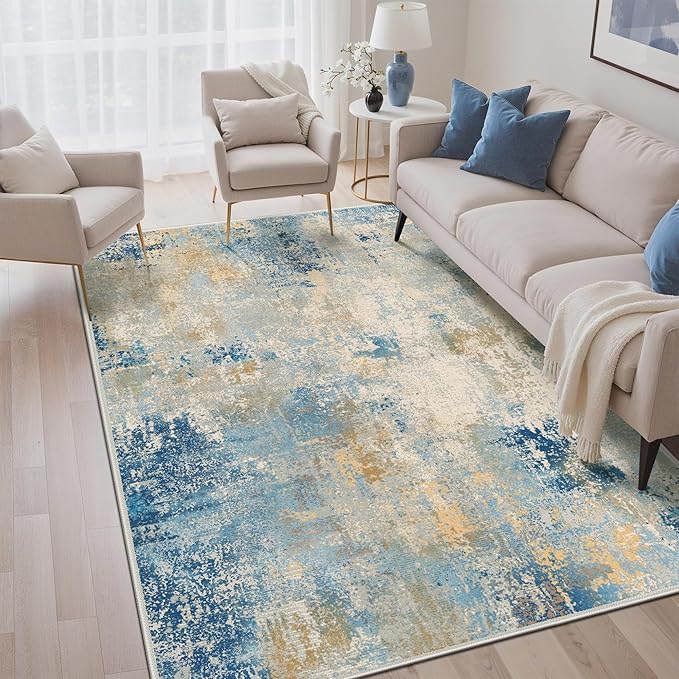 5x7 Area Rugs Washable Blue Rug for Living Room Bedroom, Abstract Modern Large Rug Non Slip, Water Repellent Low Pile Soft Carpet for Dining Room, Blue Ivory