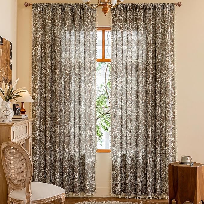 OYX Floral Curtains 84 Inch Length 2Panels for Living Room, Bedroom Light Filtering Drapes, Farmhouse Vintage Country French Tassels for Boho Pattern Rod Pocket Aesthetic Home Decor Window Treatments