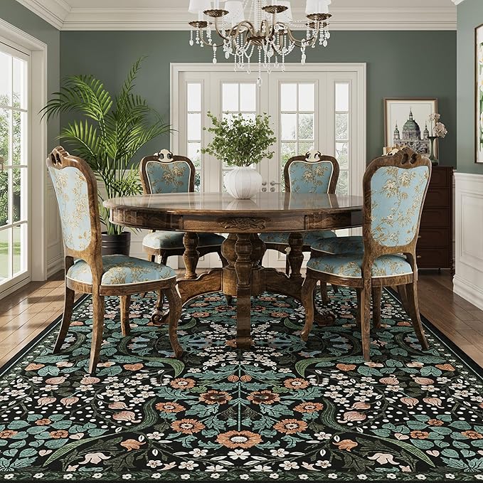 5x7 Green Floral Washable Area Rug for Living Room, Non-Slip Soft Vintage Boho Carpet, Botanical Forest Green Low Pile Rugs for Bedroom, Dinning Room, Dorm, Nursery, Black and Green