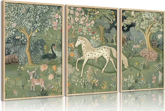 Vintage Woodland Animal Nursery Wall Art Magic Horse Bear Deer Poster Green Fantasy Forest Botanical Pictures Decor Fairy Tale Nature Painting Canvas Print Artwork for Kids Room Living Room, Unframed