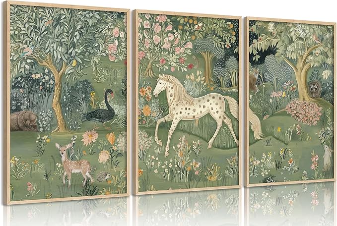 Vintage Woodland Animal Nursery Wall Art Magic Horse Bear Deer Poster Green Fantasy Forest Botanical Pictures Decor Fairy Tale Nature Painting Canvas Print Artwork for Kids Room Living Room, Unframed