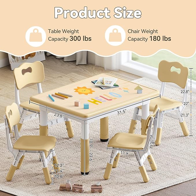 Kids Study Table and Chairs Set, Height Adjustable Toddler Table and Chair Set for Kids Ages 3-8, 31.5" L x 23.6" W Graffiti Desktop Plastic Children Art Table with 4 Seats, Brown