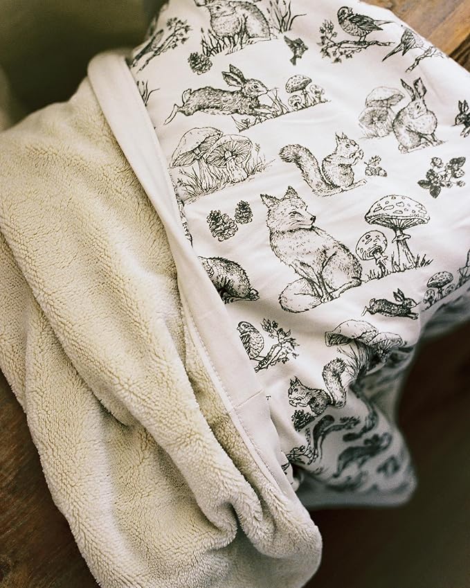 Oilo Baby Blanket, Luxury Plush Chenille Backing & Organic Cotton Jersey Print, Double Layered, 30" x 40", Rolled Jersey Edge Trim, Infant & Toddler Size, Heirloom Organic Collection, Woodland Animals