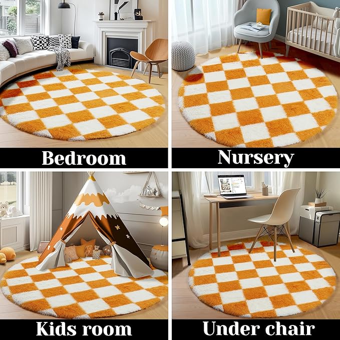 KICMOR Round Rugs 5ft Orange and Cream White Circle Area Rug, Fluffy Soft Fuzzy Shag Shaggy Bedroom Living Room Carpet, Indoor Checkered Circular Rug for Kid Boys Girls Home Decor Aesthetic, Nursery