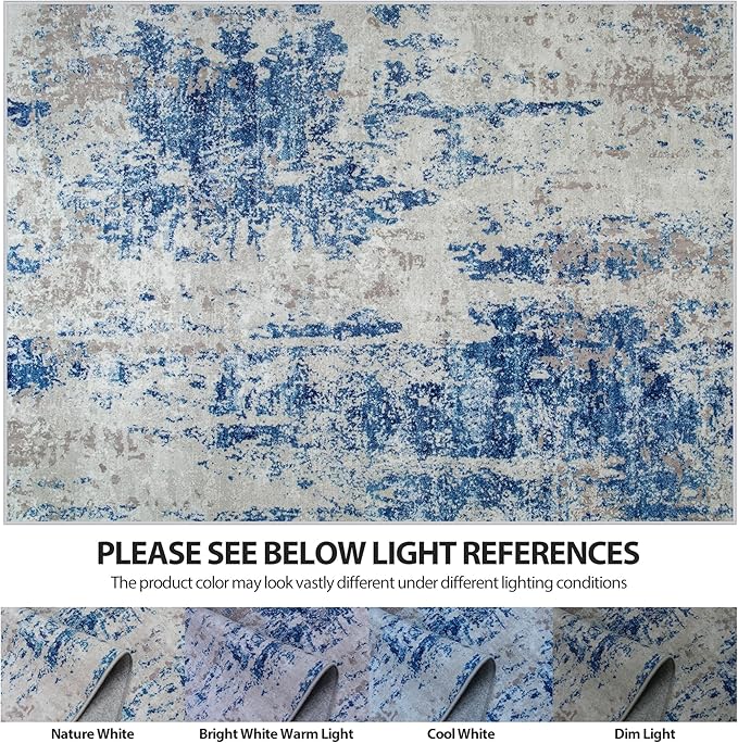 Runner Rug for Hallways Kitchen 2'6"x8' Washable Non Slip: Carpet Non Skid 8ft Entryway Rubber Backed 8 Feet Neutral Abstract Modern Rug Low Pile Pet Friendly Indoor Blue Grey White