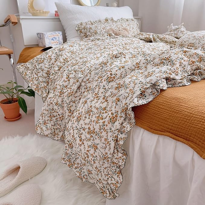 AOJIM Baby Muslin Duvet Cover with Floral Patterns, 1pc Pure Cotton Kids Bedding Comforter Cover 2-Layer Gauze 47X59'', Ruffled Design Baby Duvet Protector for Girls Boys, No Quilt or Pillowcases