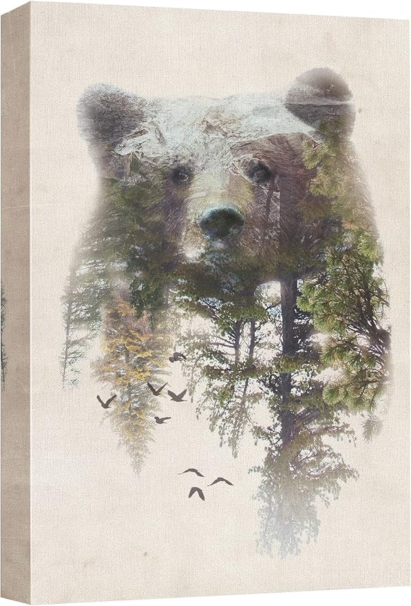 SIGNWIN Canvas Wall Art Bear and Spring Forest Double Exposure Photography Animals Wildlife Digital Art Modern Art Rustic Portrait Edgy for Living Room, Bedroom, Office - 24x36 inches