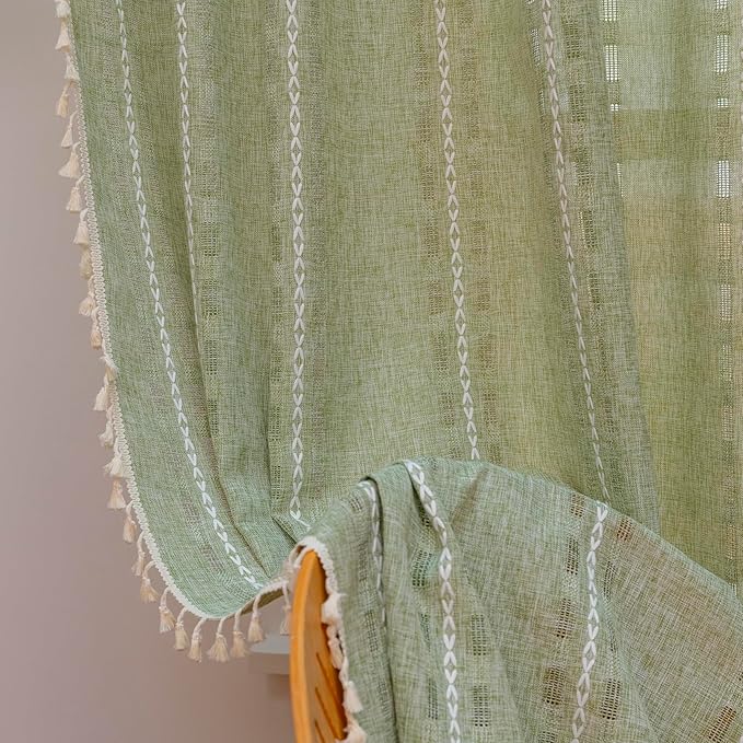 Deeprove Sage Green Boho Curtain 96 inches Length for Living Room Bedroom Nursery Doorway, Sheer Bohemian 96 inches Long Stripe Embroidery Privacy Window Fringe Christmas Decor W52 x L96, 1 Panel