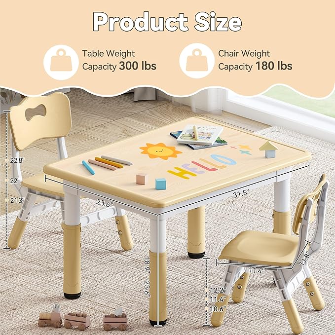 Kids Study Table and Chairs Set, Height Adjustable Toddler Table and Chair Set for Kids Ages 3-8, 31.5" L x 23.6" W Graffiti Desktop Plastic Children Art Table with 2 Seats, Brown