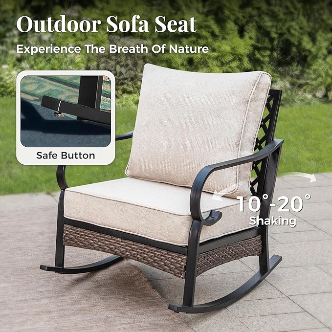Outdoor Patio Rocking Sofa Chairs Set of 2 Steel Frame Porch Furniture with Deep Seating and 5.75" Cushions for Lawn Backyard Deck, Beige