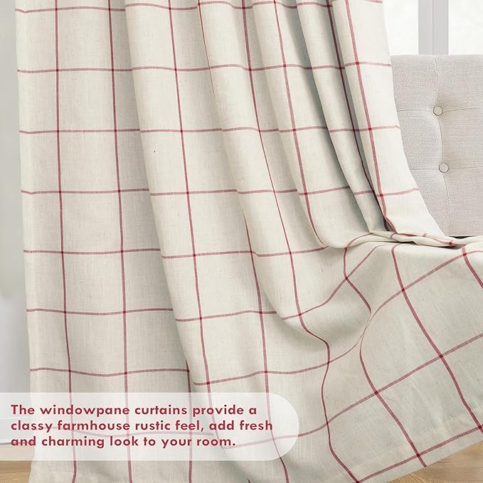 DriftAway 2 Panels 100% Blackout Windowpane Plaid Linen Curtains Double Layer Drapes for Bedroom 96 Inches Long Farmhouse Thermal Insulated 3.25 Inch Rod Pocket Back Tab for Living Room Red
