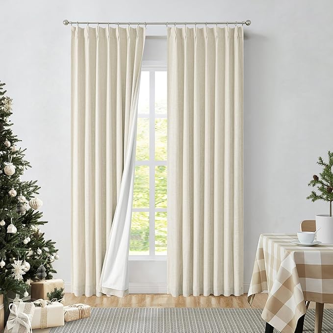 Pinch Pleated Full Blackout Curtains Linen Texture Noise Reducing Window Treatment Panel 102 Inches Long for Living Room Bedroom Thermal Insulated Back Tab Drapes with Hooks, Sand/Linen, 40"Wx102"Lx2