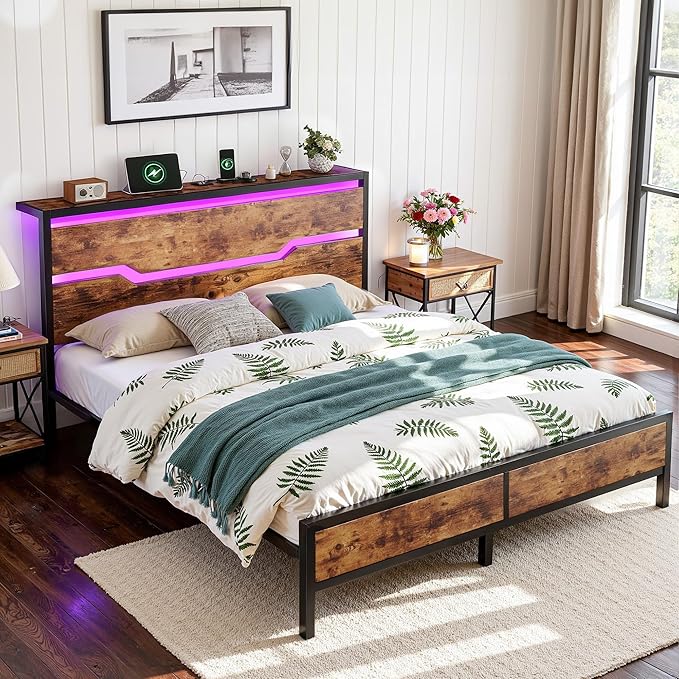 Full Size Bed Frame with LED Lights & Charging Station, Bed Frame Full with Headboard,13" Under Bed Storage, Noise-Free Heavy Duty Metal Support, Modern Brown