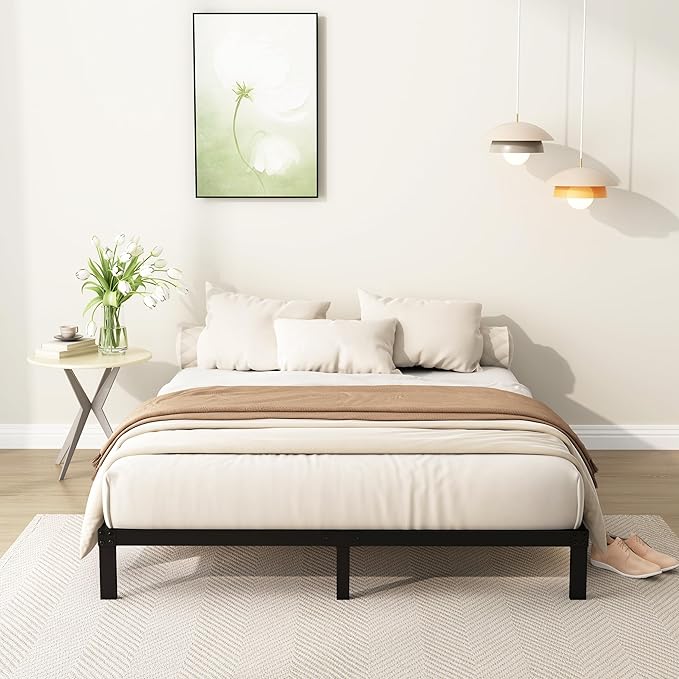 7 Inch Queen Bed Frame Heavy Duty Low Profile Metal Platform No Box Spring Needed, Maximum Storage, Easy to Assembly, Noise Free, Black