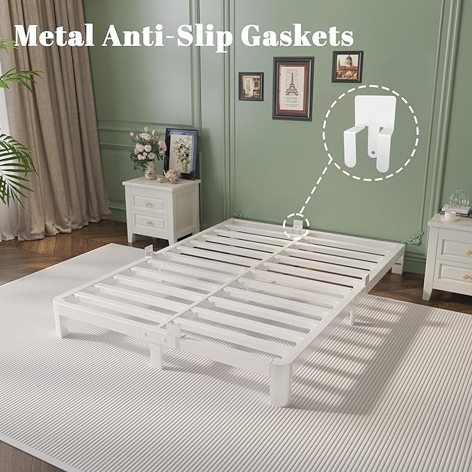 Queen Bed Frame 6 Inch White, Metal Bed Frame Queen Size with Gaskets, No Box Spring Need, Heavy Duty Steel Platform Support, Round Corner Design, Noiseless, Easy Assembly