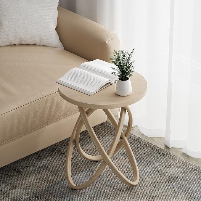 Round End Table Farmhouse Wood Side Table Rustic Plant Stand with Intertwined Line Design for Living Room, Office, Light Wood Color