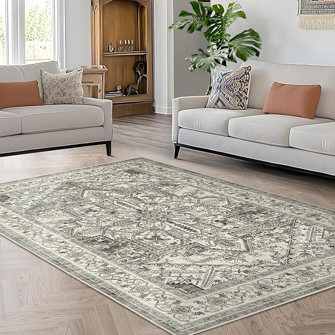 WITSHOCK Living Room Area Rugs 6x9: Washable Rug Boho Soft Non-Slip Low Pile Stain Resistant Foldable Carpet for Bedroom Playroom Dining Room Office Kitchen Farmhouse Home Decor Rug-Brown/Lvory