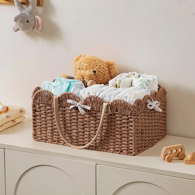 HBlife Baby Diaper Caddy, Paper Rope Storage Baskets Nursery Bin with Removable Divider, Portable Car Organizer for Diapers, Baby Shower Gifts, Newborn Essentials Must Haves