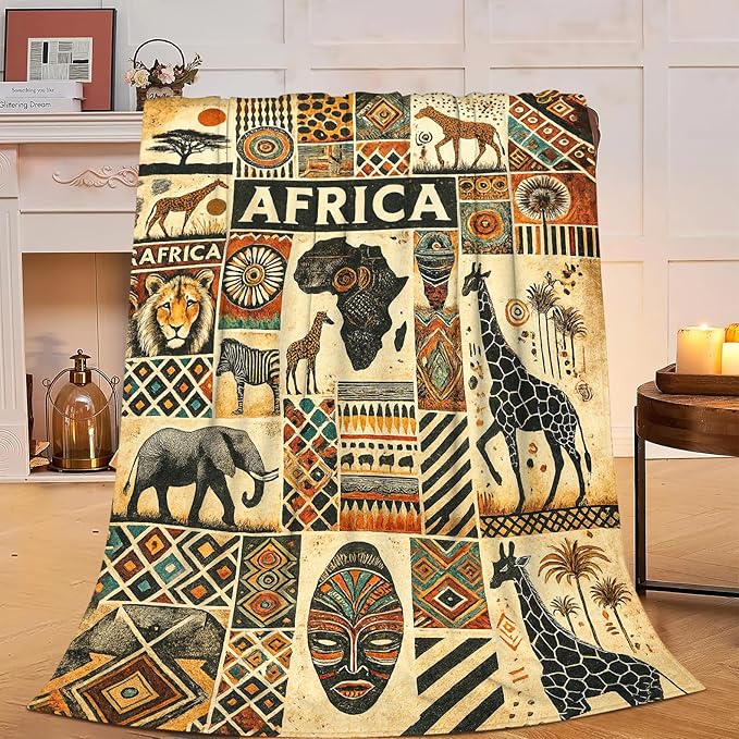 African Tribal Map Ethnic Pattern Blanket Vintage African Safari Animals Throw Blanket Soft Cozy Fleece Fuzzy Plush Warm Stuff Bedding Blankets Gifts for Boys Girls Kids Adult Men Women 50"X60"