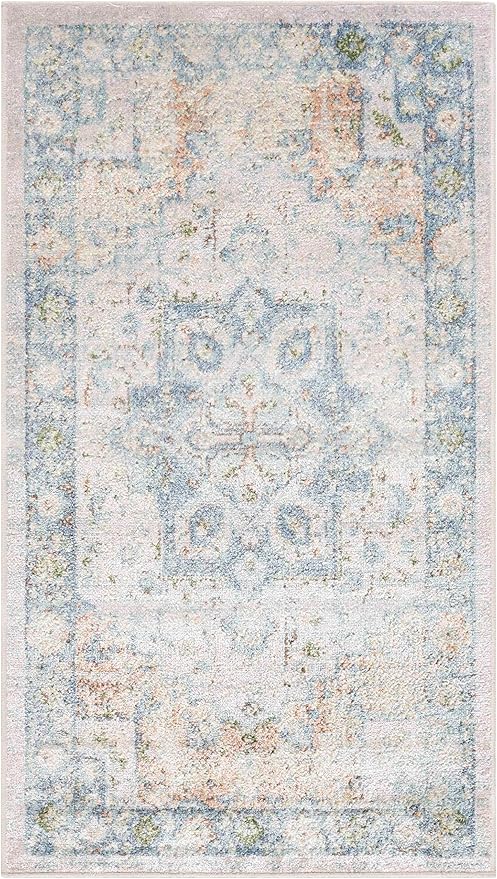 Mark&Day Washable Rugs, 7ft Round Hollenberg Traditional Slate Area Rug, Blue Silver Carpet for Living Room, Bedroom or Kitchen (6'7" Round, Machine Washable)