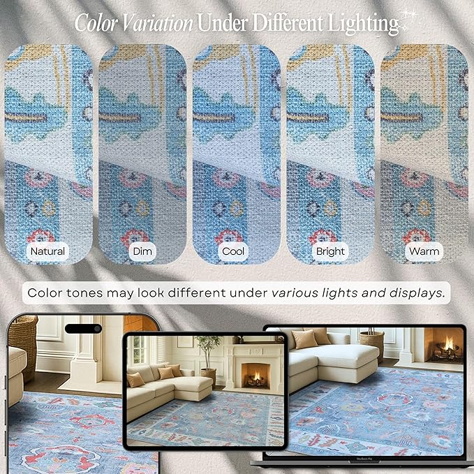 Fame Rugs Blue Modern Oushak Rug 2'6"x7', Washable Vintage Turkish Colorful Oriental Antique Inspired Foldable Small Runner Rugs, Luxury Living Room Bedroom (381LB, 2'6" x 7')