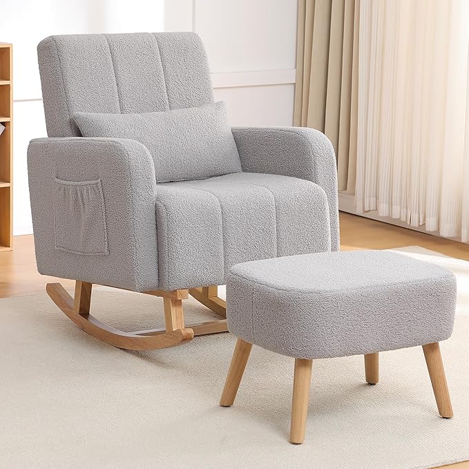 Rocking Chair with Ottoman, Nursing Glider Rocker with High Backrest and Side Pocket, Comfy Reading Chair with Solid Wood Legs for Nursery/Living Room/Bedroom Light Grey