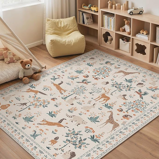 Rugs for Living Room 5x7 Floral Animal Print Area Rug Machine Washable Rug, Non Slip Low Pile Carpet for Bedroom, Entryway, Nursery, Playroom, Beige