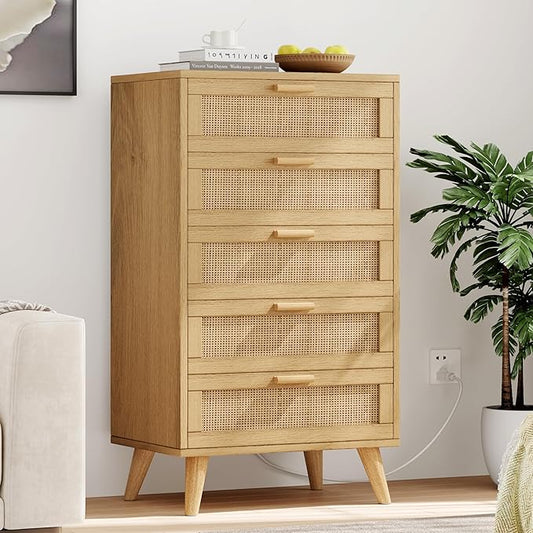 Rovaurx 5 Drawer Dresser for Bedroom, Rattan Chest of Dressers with Charging Station, Modern Dresser Chest with Wooden Handles, Beside Table for Closet, Living Room and Entryway, Natural RDG005M