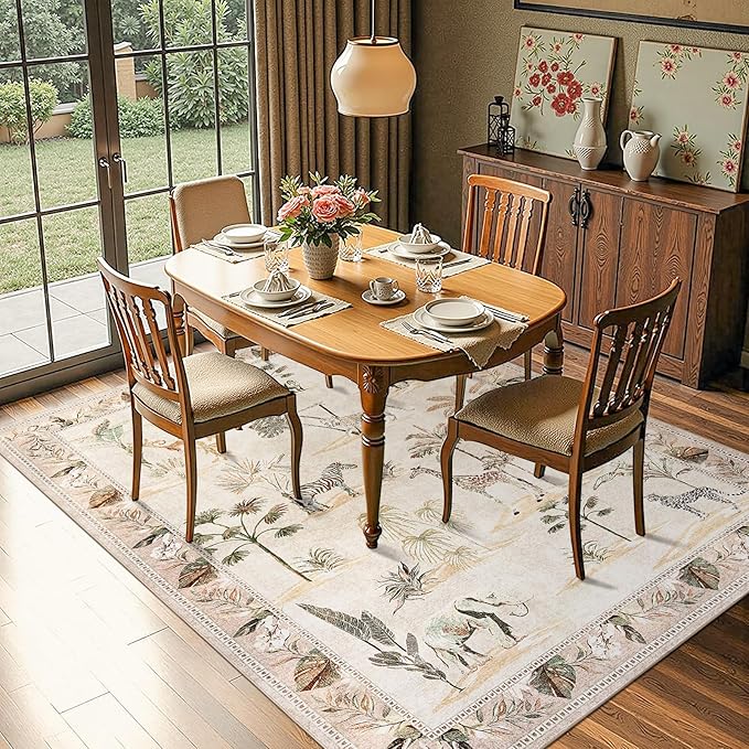 jinchan Jungle 8x10 Beige Animals Print Living Room Rug, Machine Washable Soft Ultra-Thin Non-Slip Area Rug, Throw Carpet for Bedroom Kids Playroom Dining Room Courtyard (8'x10', Beige)