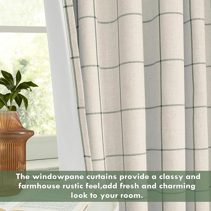 DriftAway 2 Panels 100% Blackout Windowpane Plaid Linen Curtains Double Layer Drapes for Bedroom 63 Inches Long Farmhouse Thermal Insulated 3.25 Inch Rod Pocket Back Tab for Living Room Loden Green