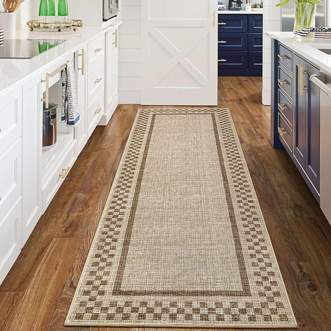 GarveeHome Kitchen Runner Rug Washable Runner Rug 2x6 for Hallway Non Slip Soft Throw Runner Carpet Modern Bordered Bathroom Mat Low Pile Checkered Runner Rugs for Bedroom Living Room Entry, Taupe
