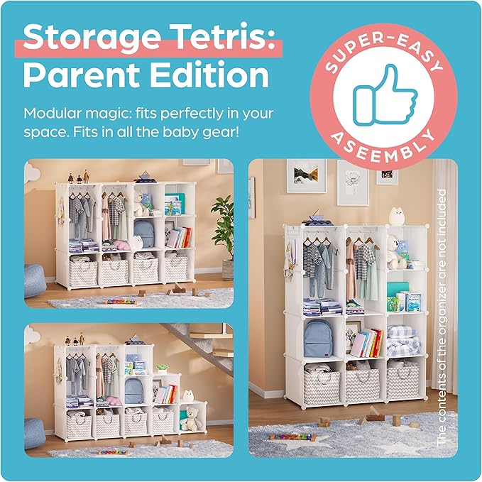 Baby Closet Organizer for Nursery: Durable Baby Wardrobe for Closet - Customizable Baby Dresser Amoire Shelves - Waterproof Shelf Clothes Organizer w/Wall Fixation (White)