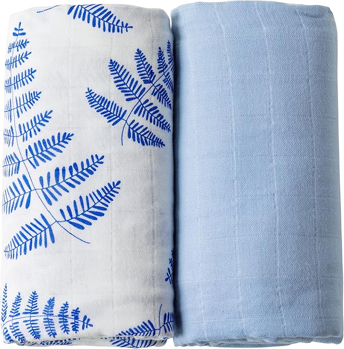 Margaux & May Organic Muslin Swaddle Blankets 2 Pack - 100% Organic, Large 47x47 Inches, Breathable Baby Blankets, Blue Fern and Solid Blue