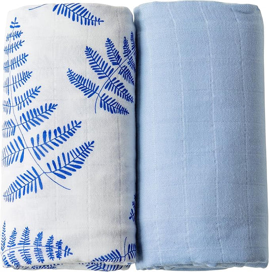 Margaux & May Organic Muslin Swaddle Blankets 2 Pack - 100% Organic, Large 47x47 Inches, Breathable Baby Blankets, Blue Fern and Solid Blue