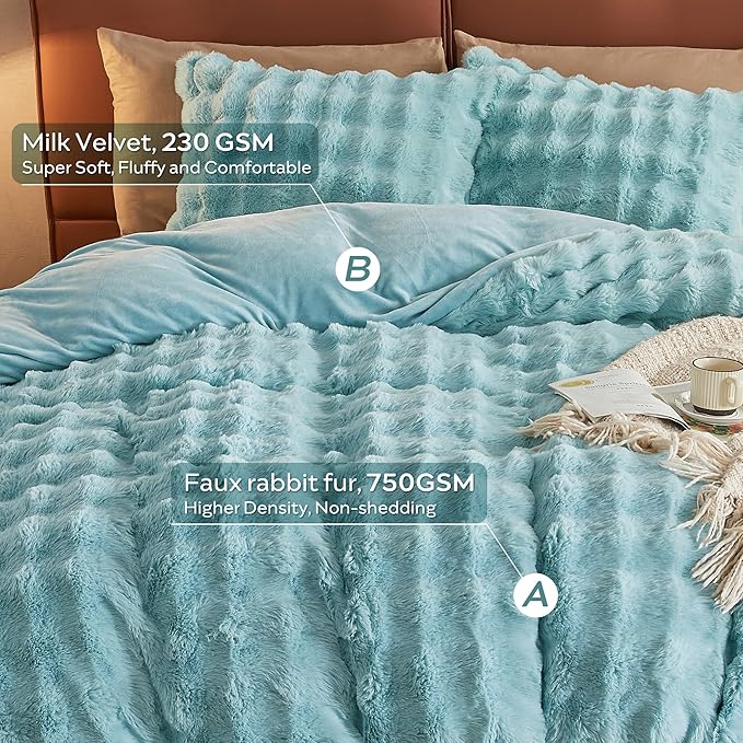 JELLYMONI Plush Duvet Cover Set - King Size Baby Blue Faux Fur Comforter Cover 3pcs Bedding Set Luxury Ultra Soft Striped Fluffy Duvet Cover with Zipper and 2 Pillowcases (NO Comforter)