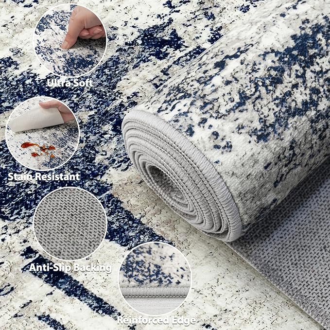 10x14 Area Rugs Living Room Rugs: Large Washable Rug with Anti-Slip Backing Non-Shedding Stain-Resistant Soft Abstract Carpet for Bedroom Dining Room Nursery Home Office-Blue/Gray