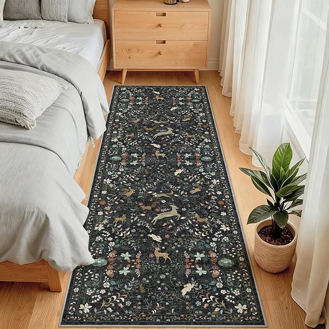 Runner Rug Washable Runners Kitchen Rugs Non Slip Animal Floral Carpet Low Pile for Indoor Hallways Entryway Living Room Bedroom Laundry Soft Mat 2'6''x8' Black