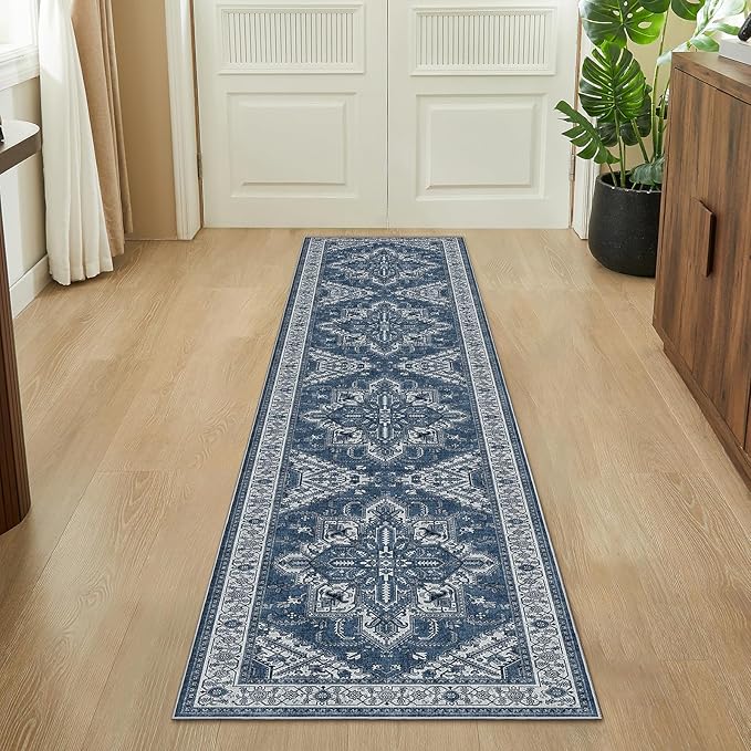 WITSHOCK 2x10 Long Runner Rug for Hallway: Washable Rug Distressed Boho Soft Low Pile Stain Resistant Foldable Carpet for Bedroom Kitchen Entryway Indoor Entrance Farmhouse Decor, Blue, 24″x120″