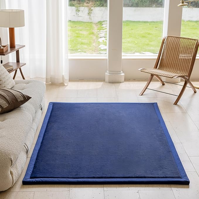 Loartee Faux Rabbit Fur Rug - 1.18" Thick Soft Fluffy Area Rug, Non-Slip Memory Foam Crawling Mat, Dark Blue, 59"x78"