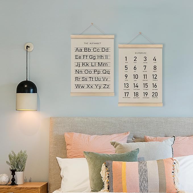 HRQKO Alphabet Numbers Poster Hanger Frame Set of 2, Nursery Wall Decor, Black ABC Poster Wall Art with Wooden Frames, Alphabet Banner Wall Hanging Decor for Boy Toddler Room Playroom, 12x16 Inch