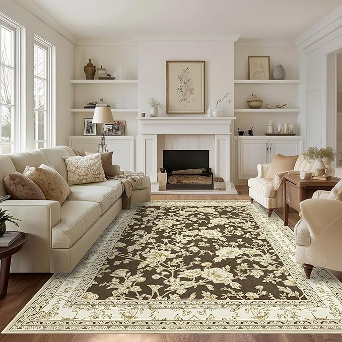 Brown Floral Print Area Rugs for Bedroom Living Room Boho Farmhouse Country Rustic Dining Room Carpet Soft Washable Rugs Non Slip Floor Covering for Nursery Playroom 5x8