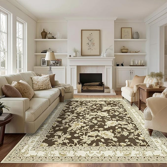 Brown Floral Print Area Rugs for Bedroom Living Room Boho Farmhouse Country Rustic Dining Room Carpet Soft Washable Rugs Non Slip Floor Covering for Nursery Playroom 5x8