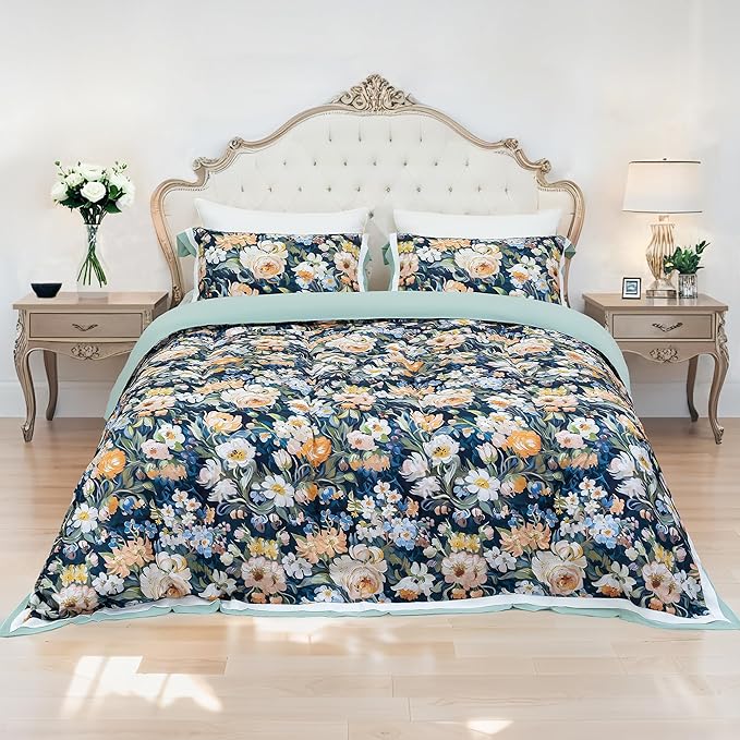 MAGRACE Vintage Botanical Duvet Cover Set King Size– 3PC Washed Fiber Bedding Set with Corner Ties & Zipper – Dark Green Background with Yellow Floral Pattern – Farmhouse Garden Style