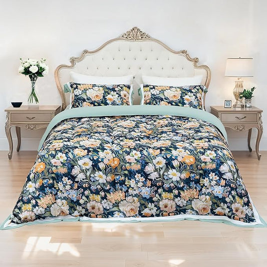 MAGRACE Vintage Botanical Duvet Cover Set King Size– 3PC Washed Fiber Bedding Set with Corner Ties & Zipper – Dark Green Background with Yellow Floral Pattern – Farmhouse Garden Style